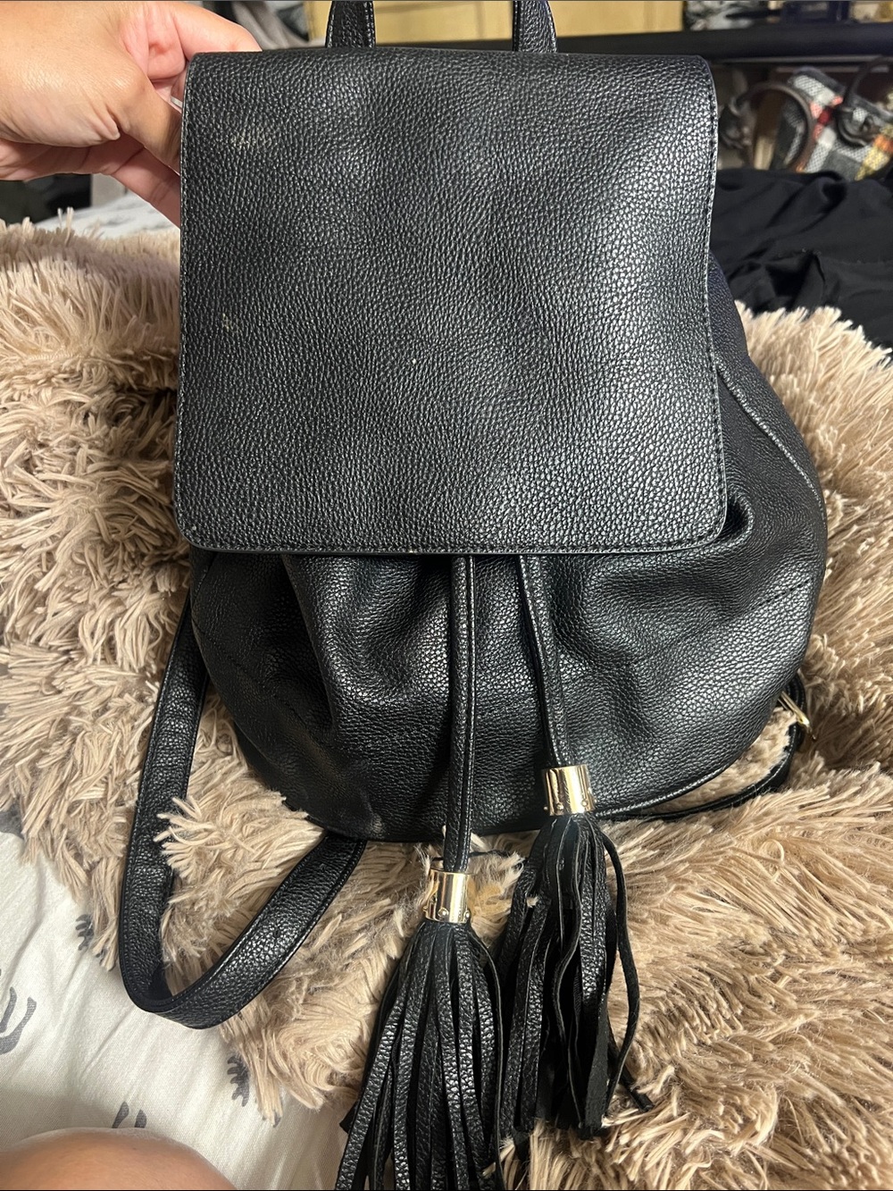 Forever 21 Black Tassel Drawstring Backpack